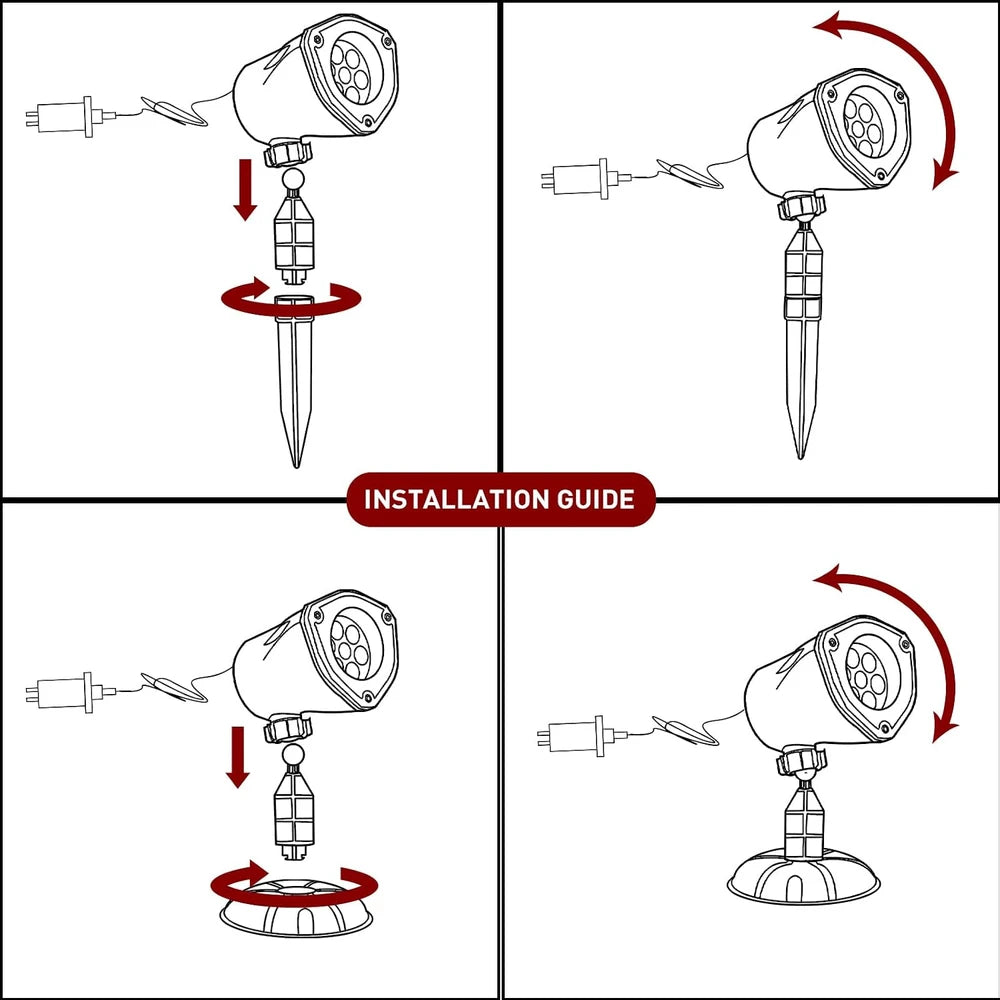 Installation guide diagram showing four steps for mounting a ground stake light fixture, with red arrows indicating rotation and orientation on a white background.
