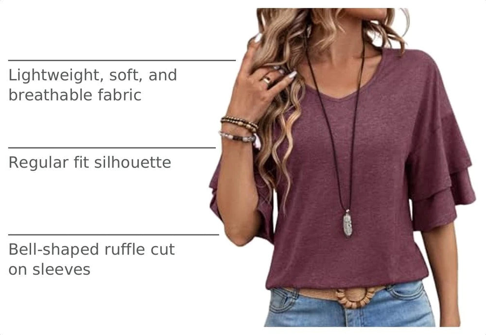 A woman wearing a heathered mauve-purple short-sleeve blouse with layered ruffle sleeves and a V-neckline, paired with blue jeans and a long pendant necklace. Text on the left describes the fabric as lightweight, soft, and breathable, the fit as regular, and the sleeve cut as bell-shaped ruffle.