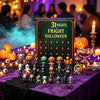Halloween advent calendar set displayed on a purple tablecloth with a black and gold '31 Nights of Fright Halloween' box, surrounded by small character figurines, pumpkins, candles, cobwebs, and spooky decorations in a festive party setting.