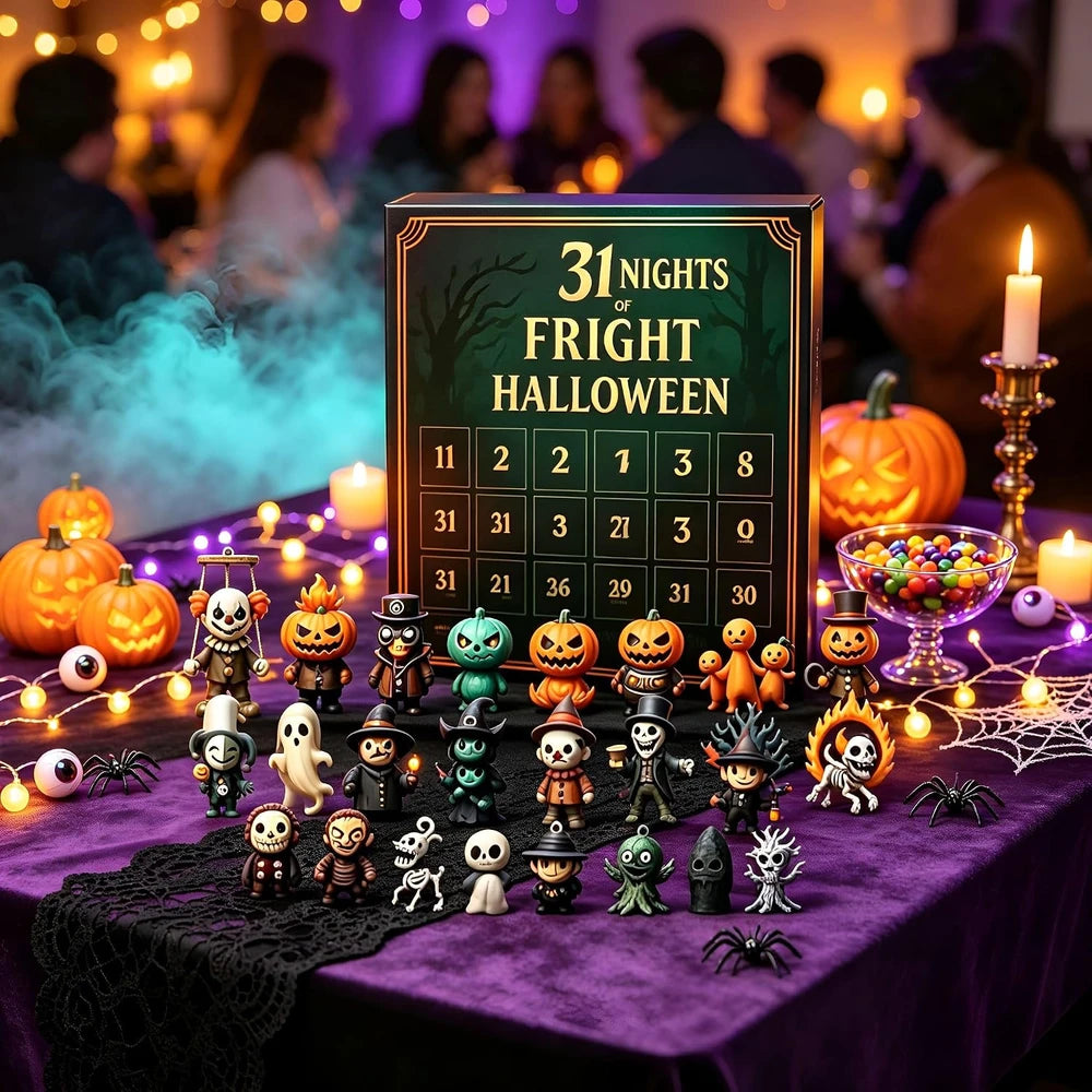 Halloween advent calendar set displayed on a purple tablecloth with a black and gold '31 Nights of Fright Halloween' box, surrounded by small character figurines, pumpkins, candles, cobwebs, and spooky decorations in a festive party setting.