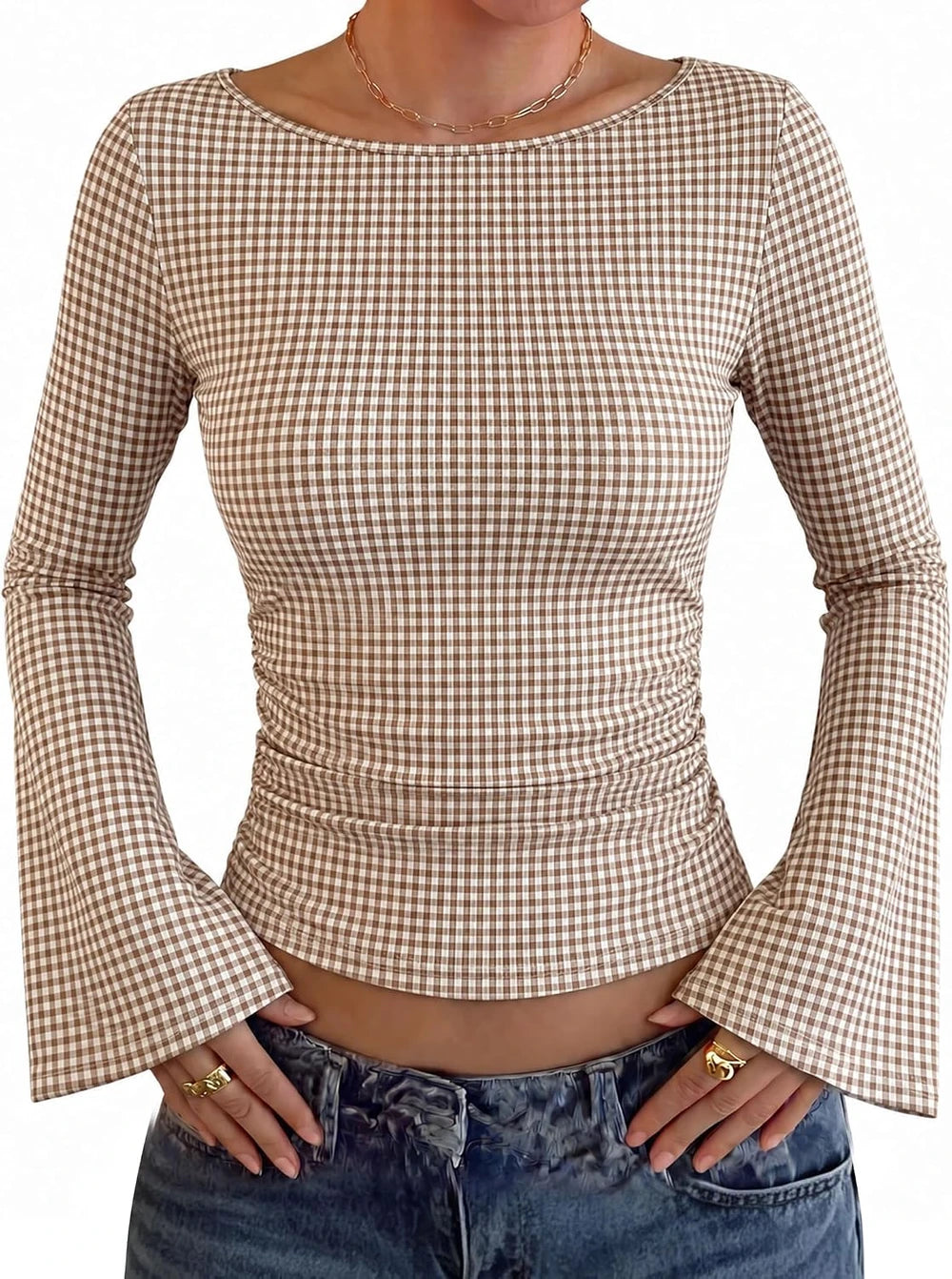 GINGHAM CHECK BELL SLEEVE WOMEN'S TOP | PERFECT FOR OFFICE OR DATE NIGHT Tops