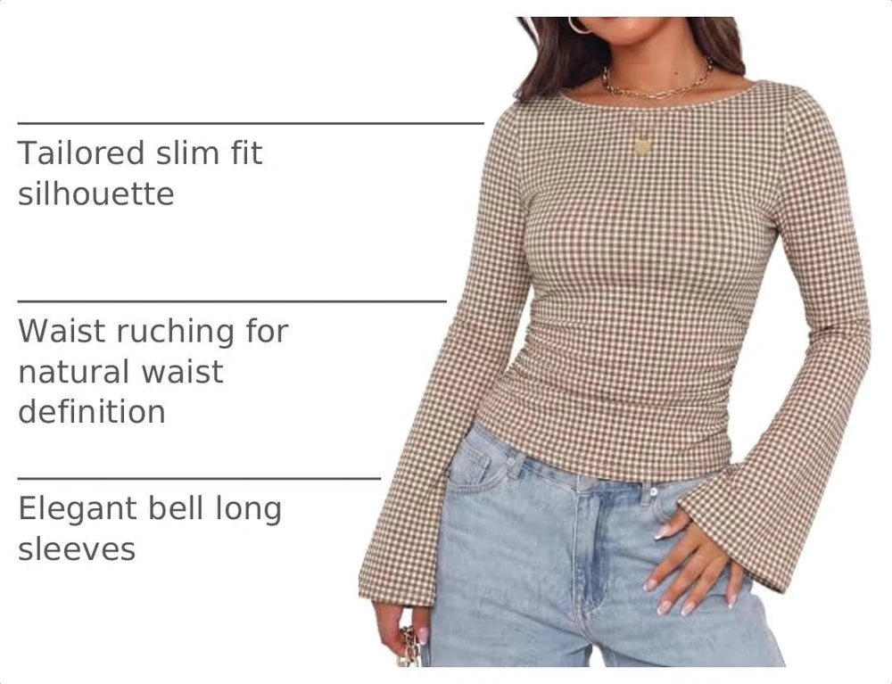 GINGHAM CHECK BELL SLEEVE WOMEN'S TOP | PERFECT FOR OFFICE OR DATE NIGHT Tops