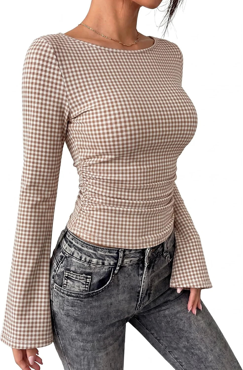 GINGHAM CHECK BELL SLEEVE WOMEN'S TOP | PERFECT FOR OFFICE OR DATE NIGHT Tops