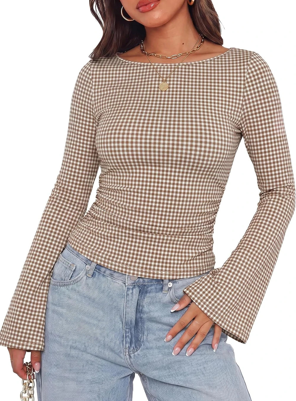 GINGHAM CHECK BELL SLEEVE WOMEN'S TOP | PERFECT FOR OFFICE OR DATE NIGHT Tops