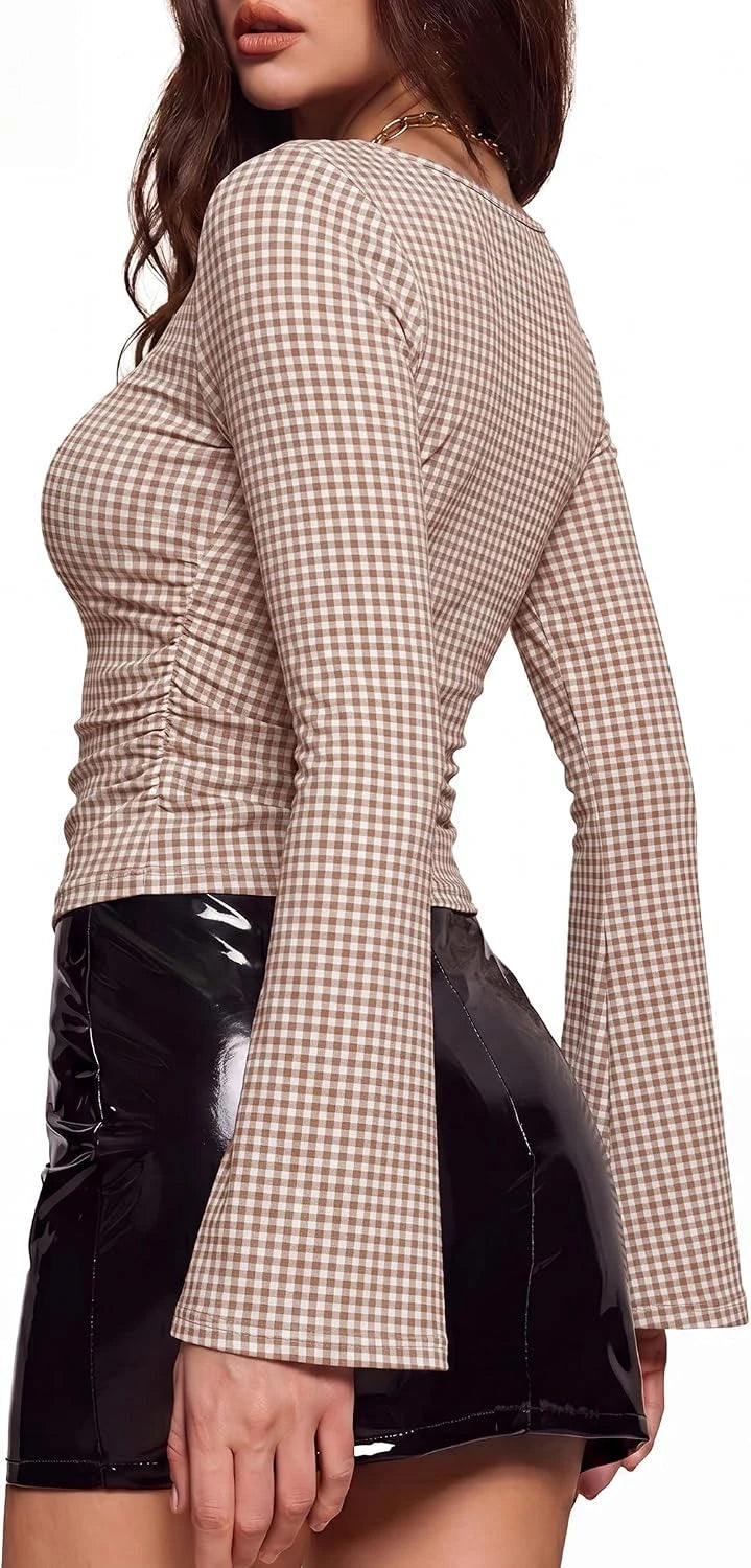 GINGHAM CHECK BELL SLEEVE WOMEN'S TOP | PERFECT FOR OFFICE OR DATE NIGHT Tops