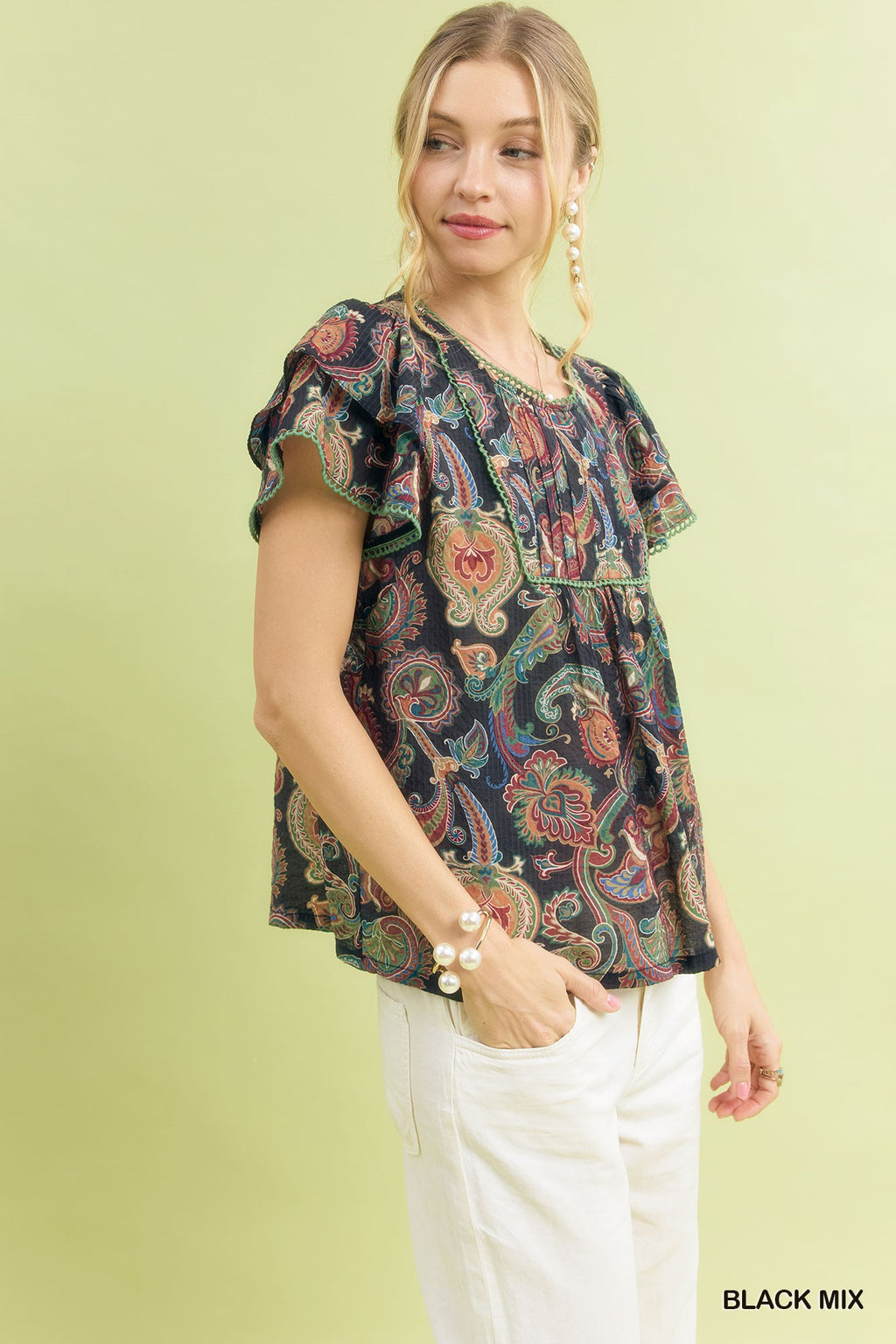 Umgee Mix Paisley Ruffle Sleeve Top