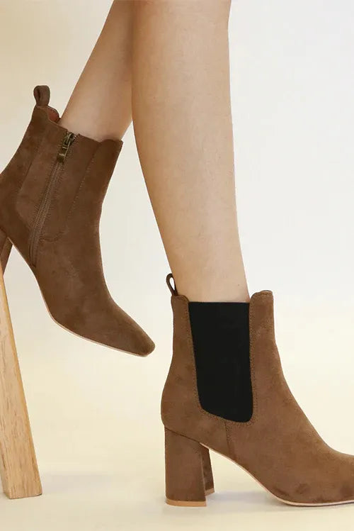 Beast Fashion Faux Suede Block Heel Chelsea Boots with Elastic Side Panel SHOE
