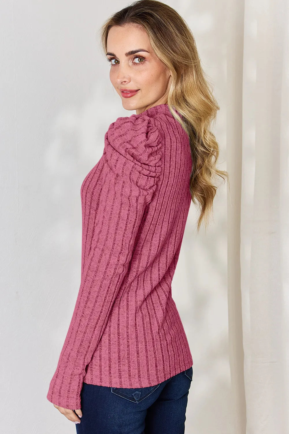 BASIC BAE RIBBED MOCK NECK PUFF SLEEVE T-SHIRT TOP