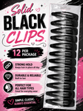 A package of 12 solid black hair clips 