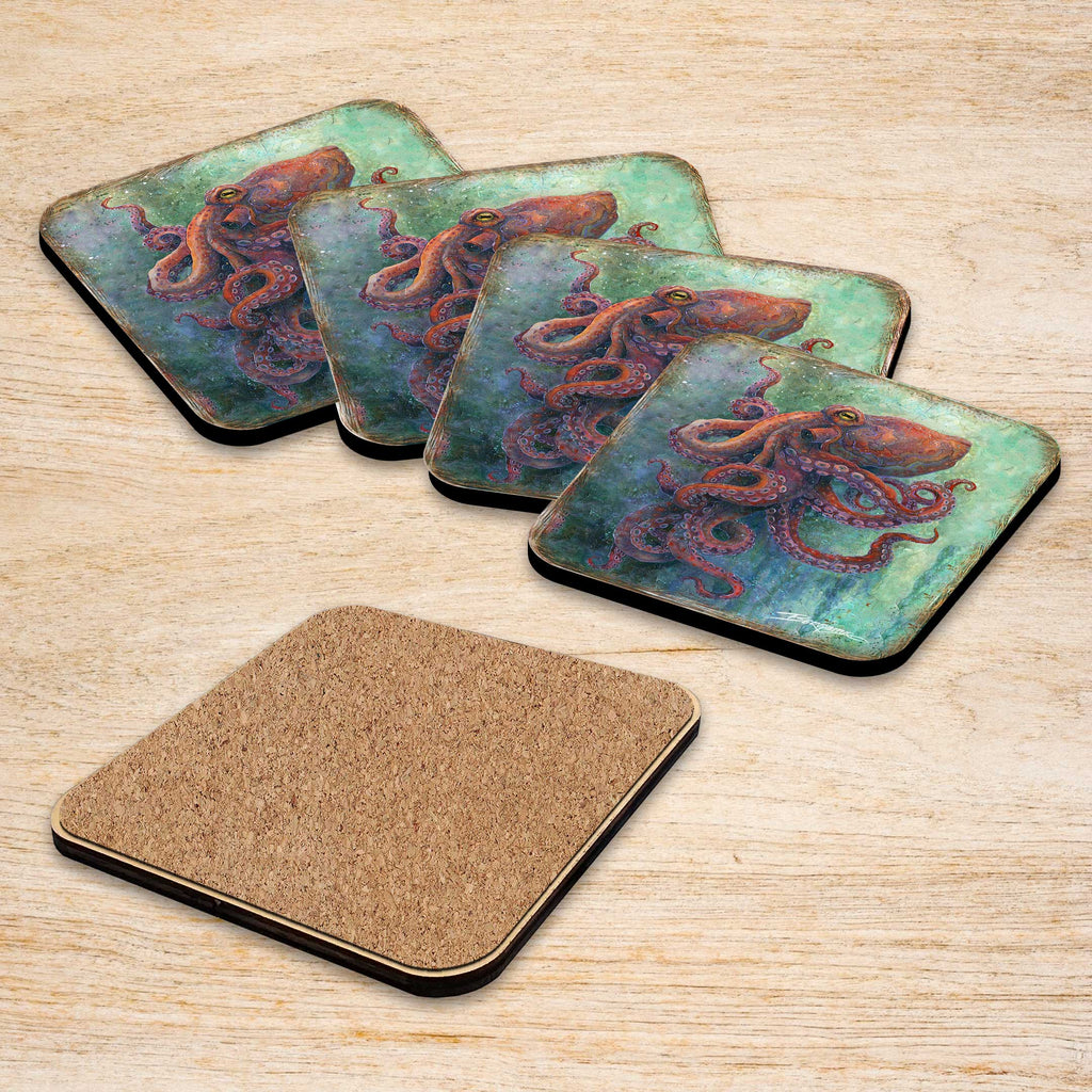 Octopus Wooden Cork Coasters Gift Set of 4 by J. Bergsma - Coastal Decor - 8199459C-S4 Coasters