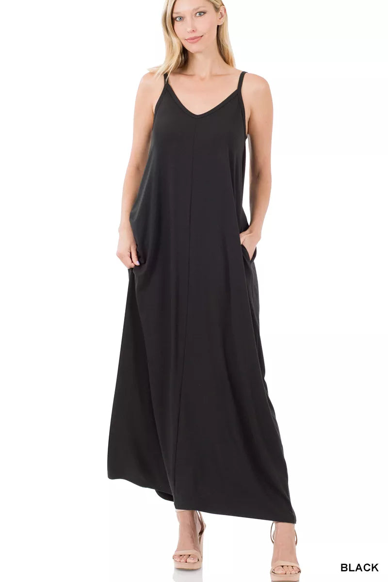 ZENANA V-NECK CAMI MAXI DRESS WITH SIDE POCKETS Dresses