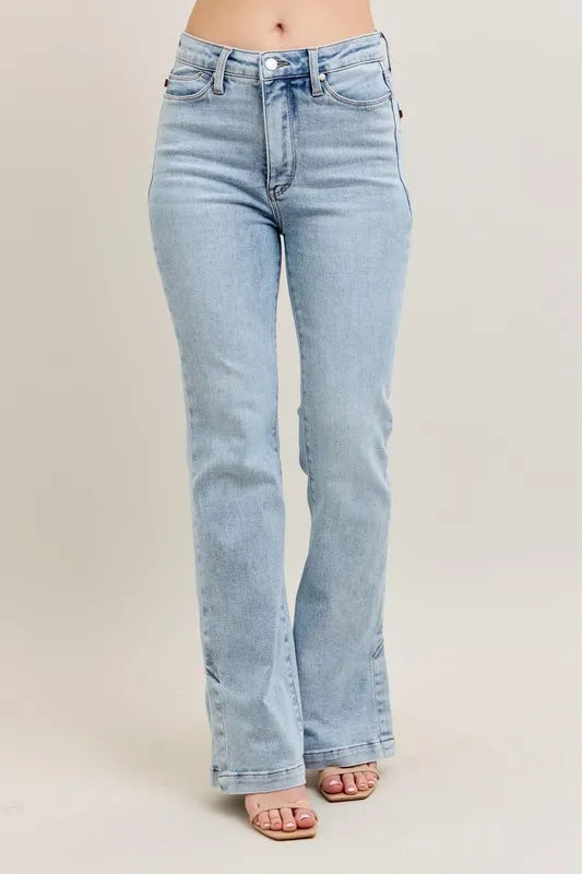 Judy Blue Full Size Tummy Control Vintage Wash Side Slit Slim Boot Jeans Plus Size Judy Blue Denim