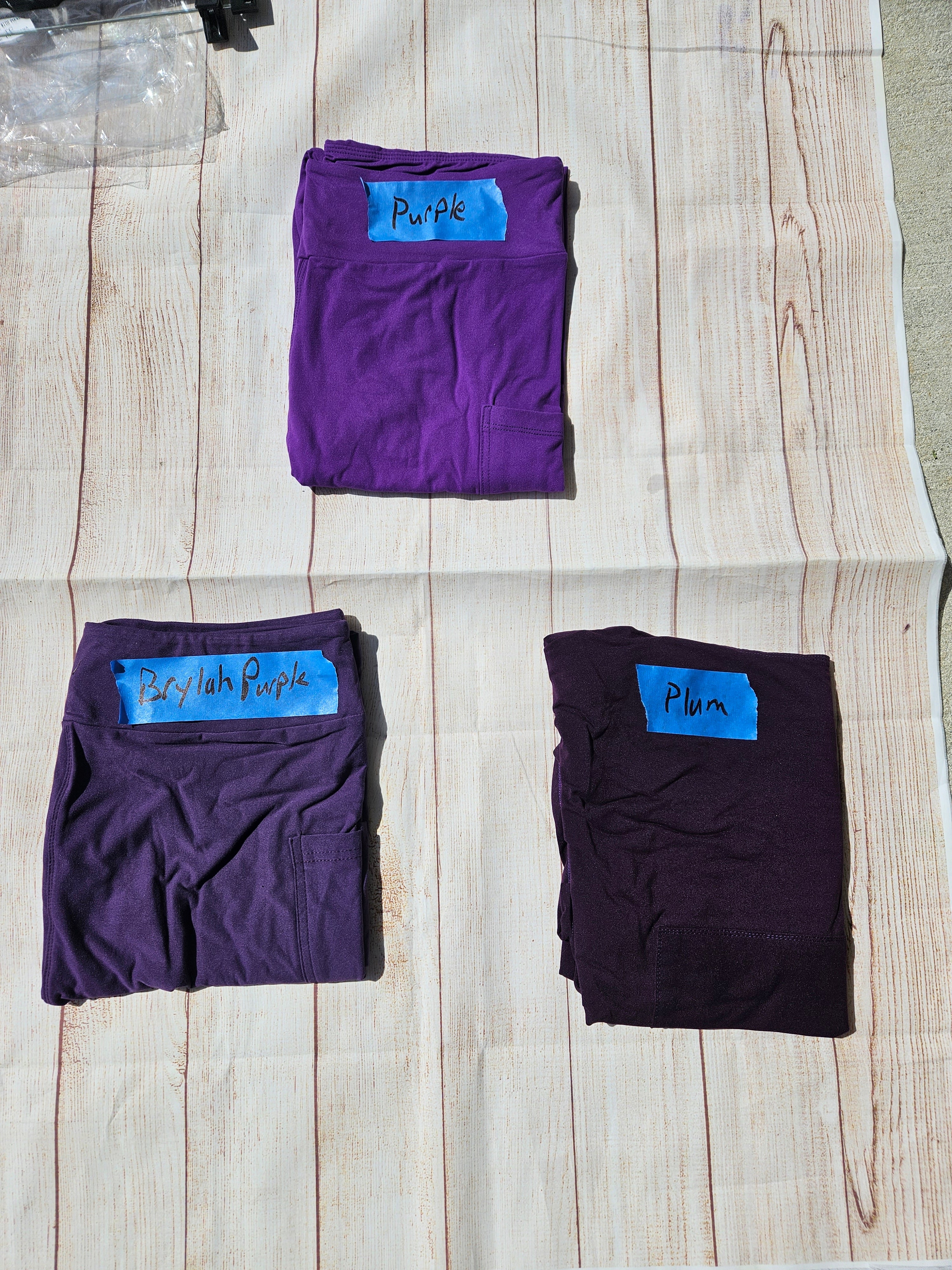 Purple leggings, capris and shorts with pockets