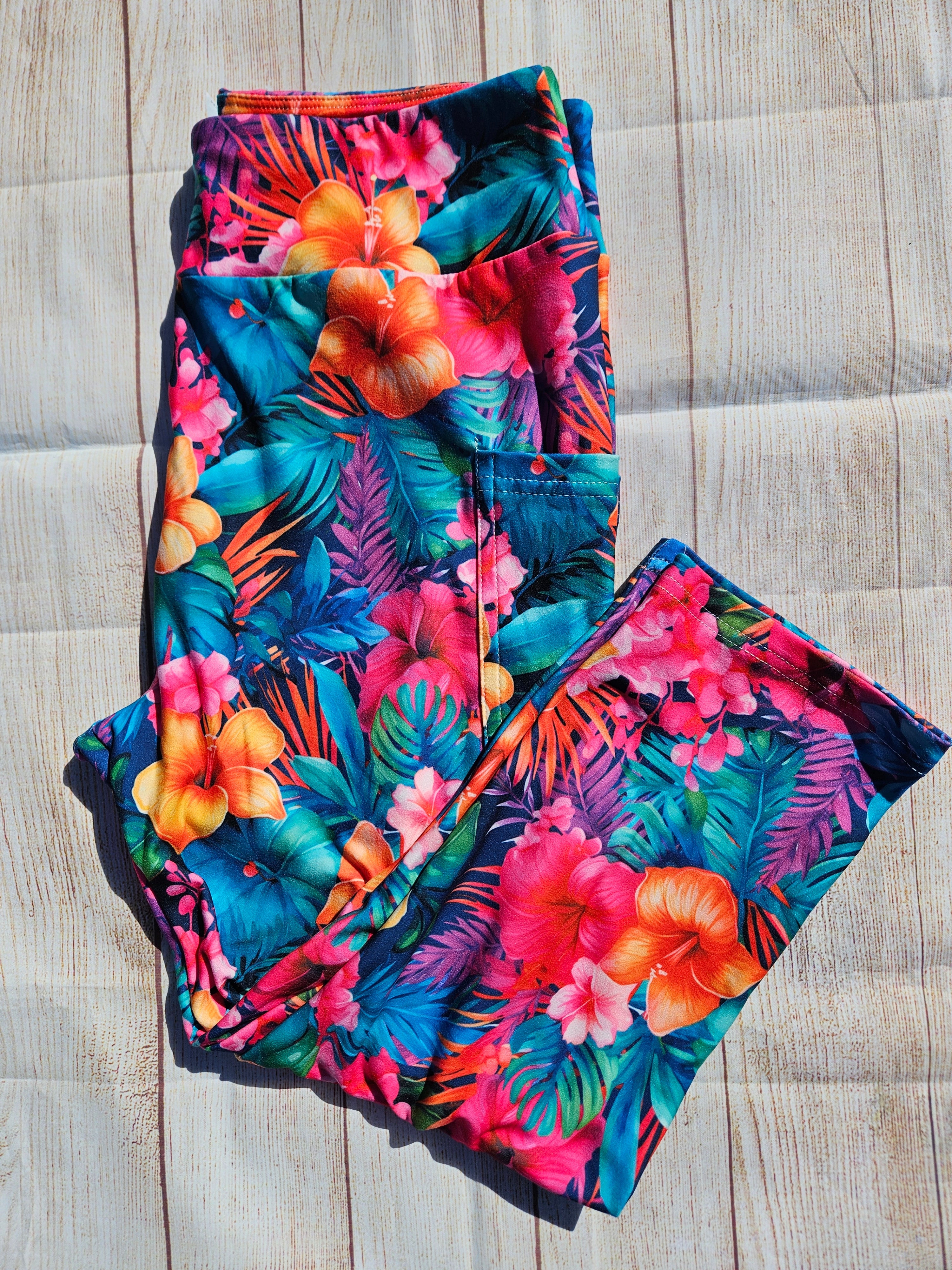 Tropical Flower leggings, capris, and skorts with pockets.
