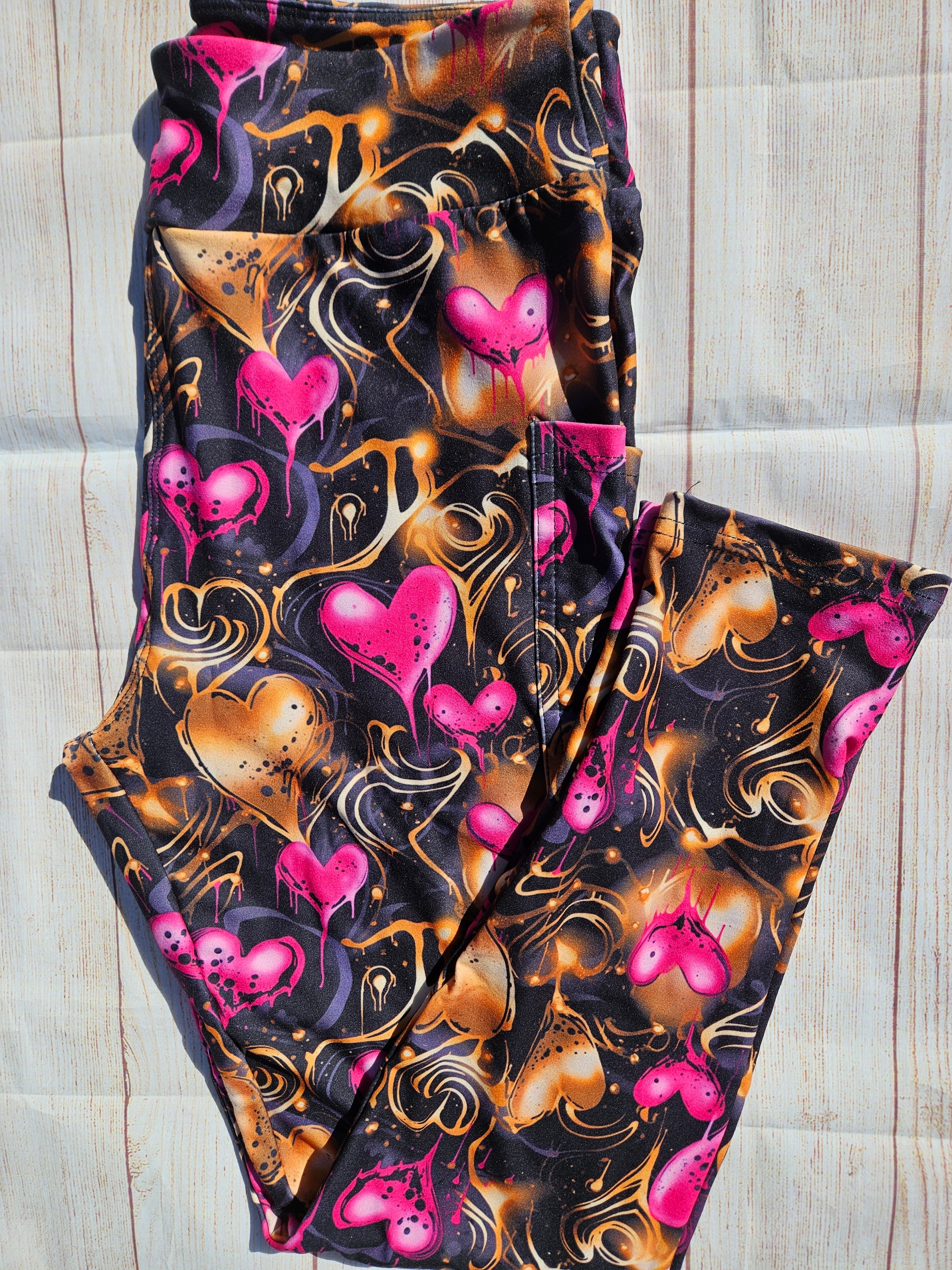 GOLD & PINK HEART LEGGINGS AND SKORTS WITH POCKETS