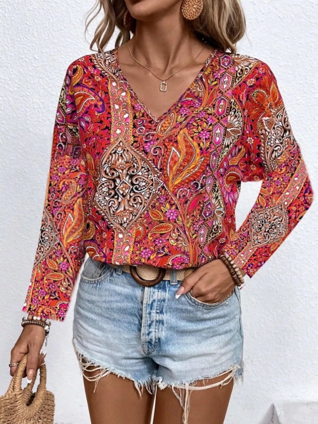 PAISLEY PRINT V-NECK LONG SLEEVE BLOUSE Tops
