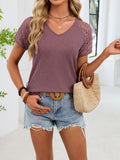 LACE SLEEVE V-NECK WAFFLE KNIT T-SHIRT Tops