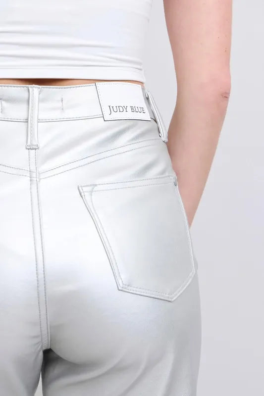 Judy Blue Full Size High Waist Silver Faux Leather Pants Plus Size