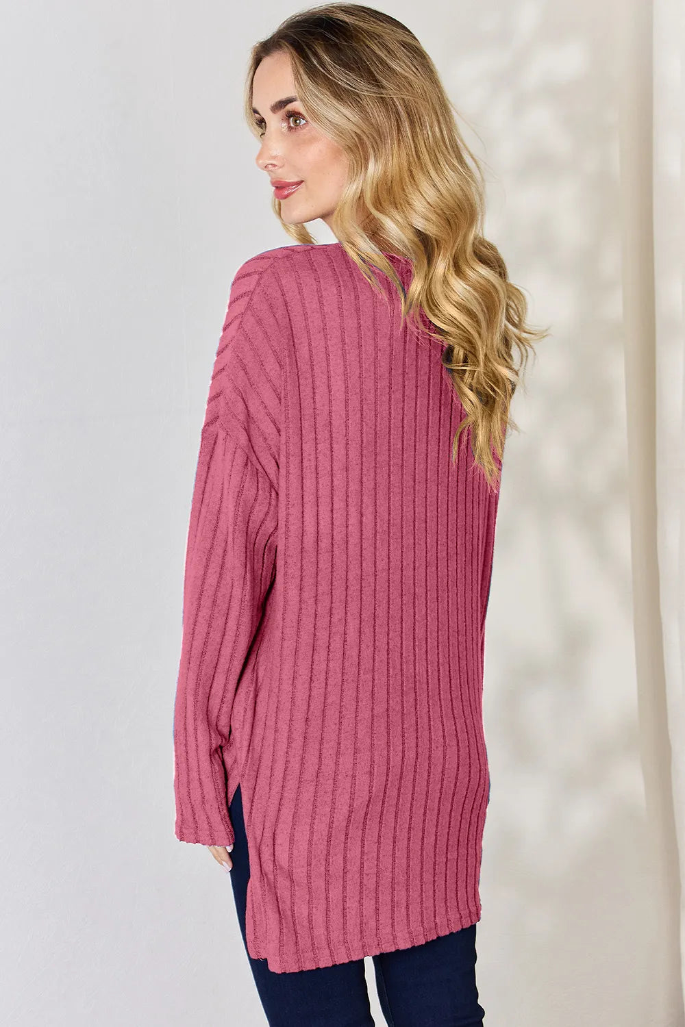 BASIC BAE RIBBED HALF BUTTON LONG SLEEVE HIGH/LOW TSHIRT - AS SEEN ON LIVE!! Long Sleeve Top