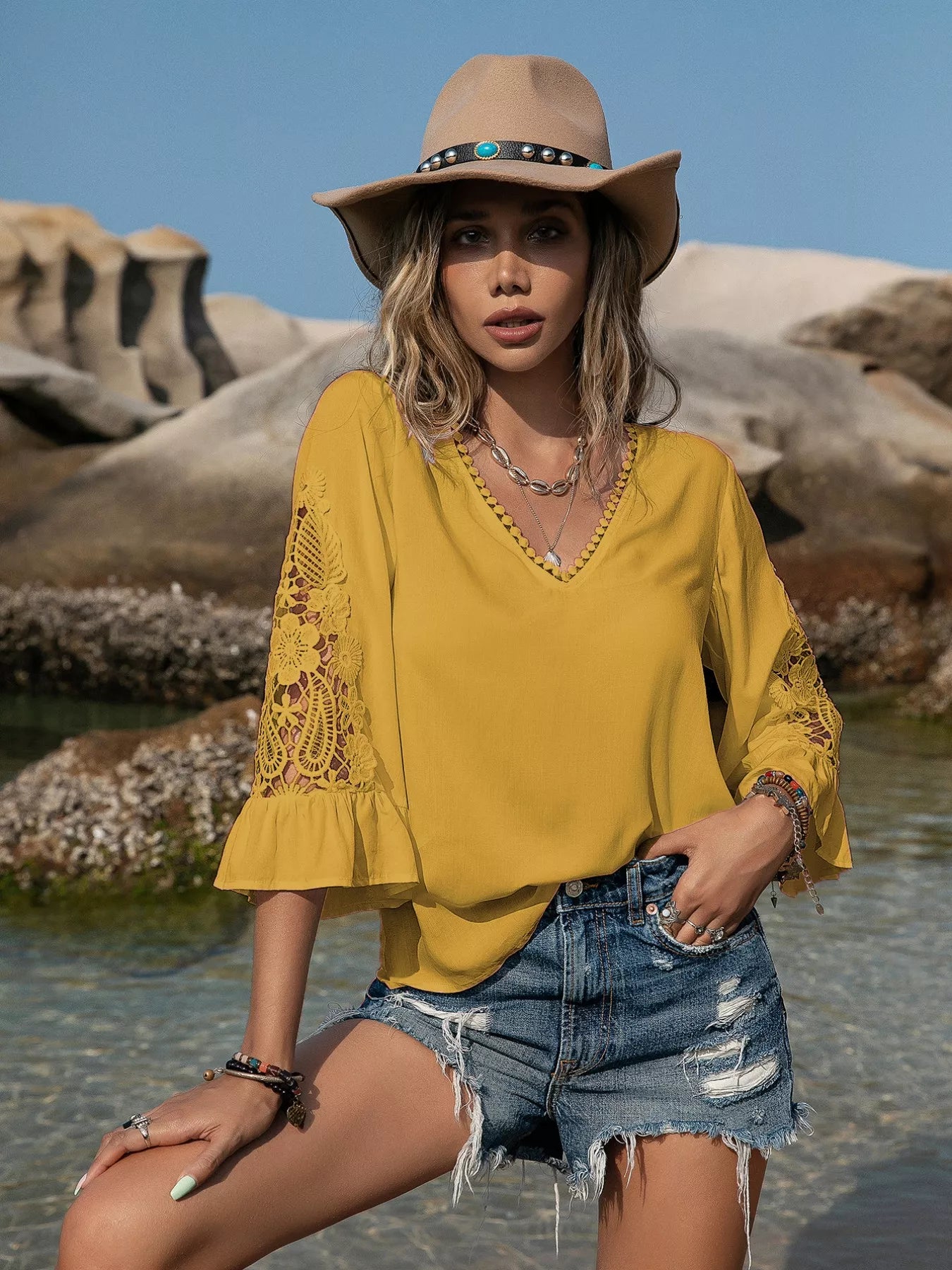 Plus Size Lace Sleeve V-Neck Blouse
