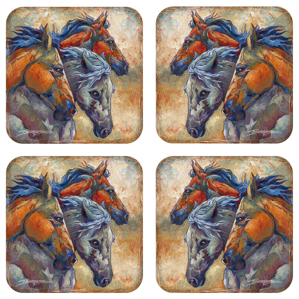 Herd of Horses Wooden Cork Coasters Gift Set of 4 by J. Bergsma - Wildlife Decor - 8199458C-S4 Coasters