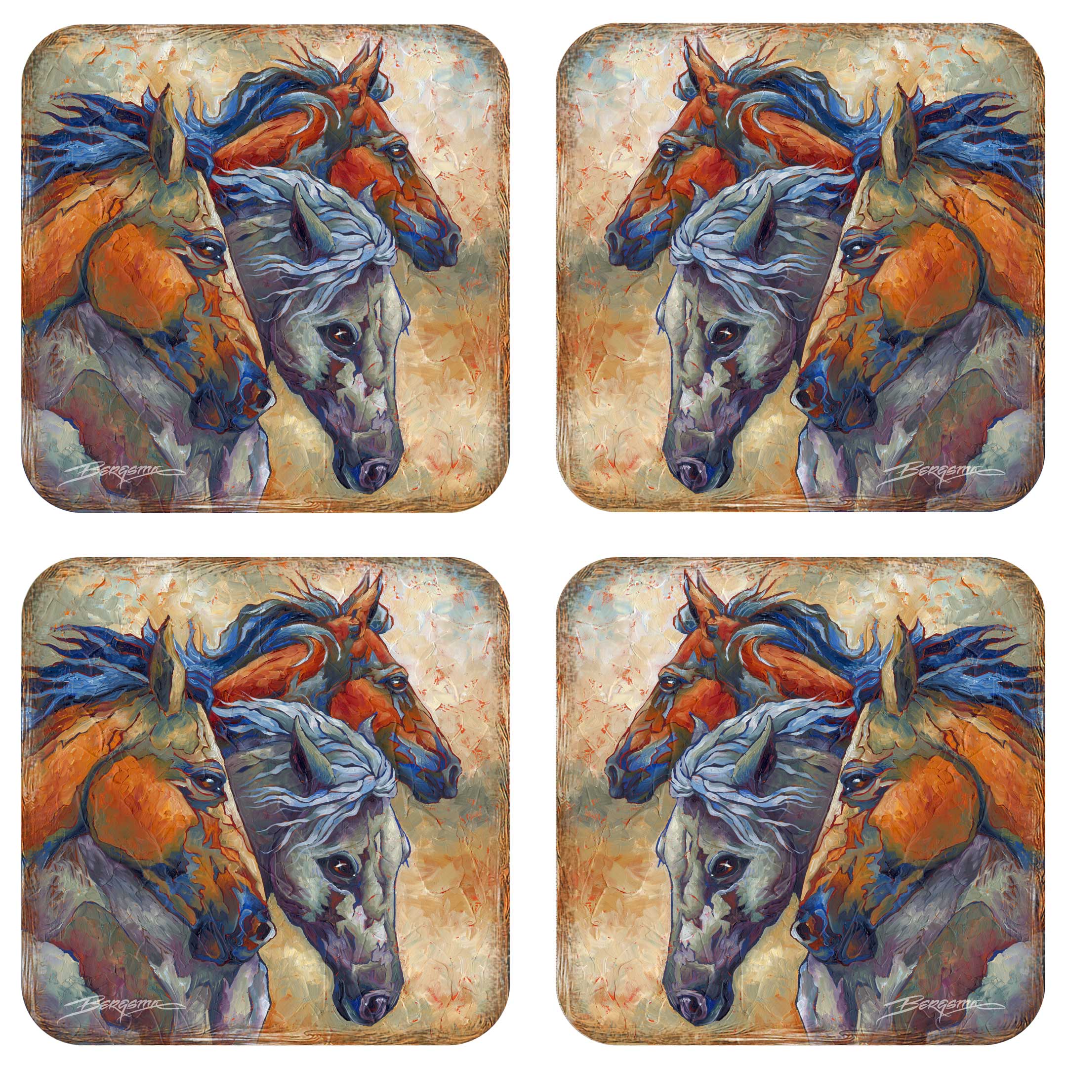 Herd of Horses Wooden Cork Coasters Gift Set of 4 by J. Bergsma - Wildlife Decor - 8199458C-S4 Coasters