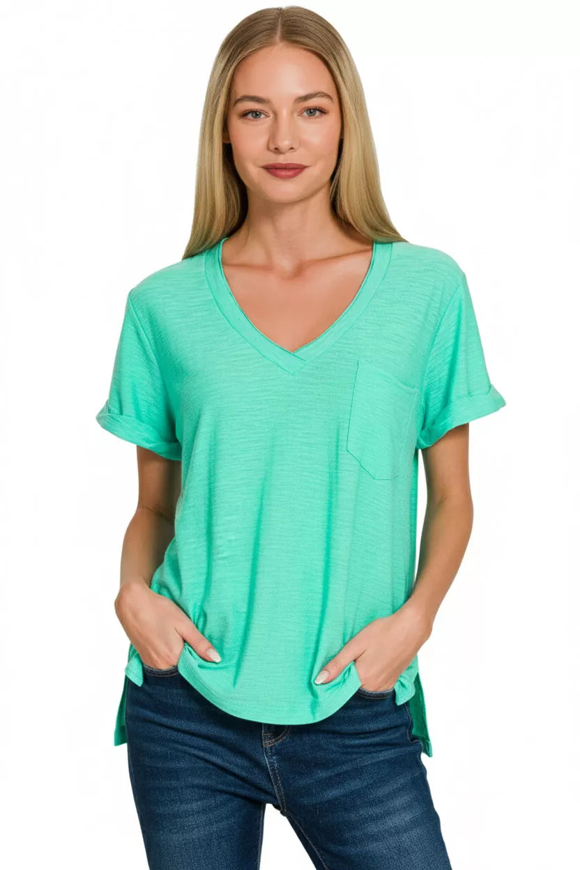 ZENANA SLUB ROLLED SHORT SLEEVE V-NECK TEE Tops