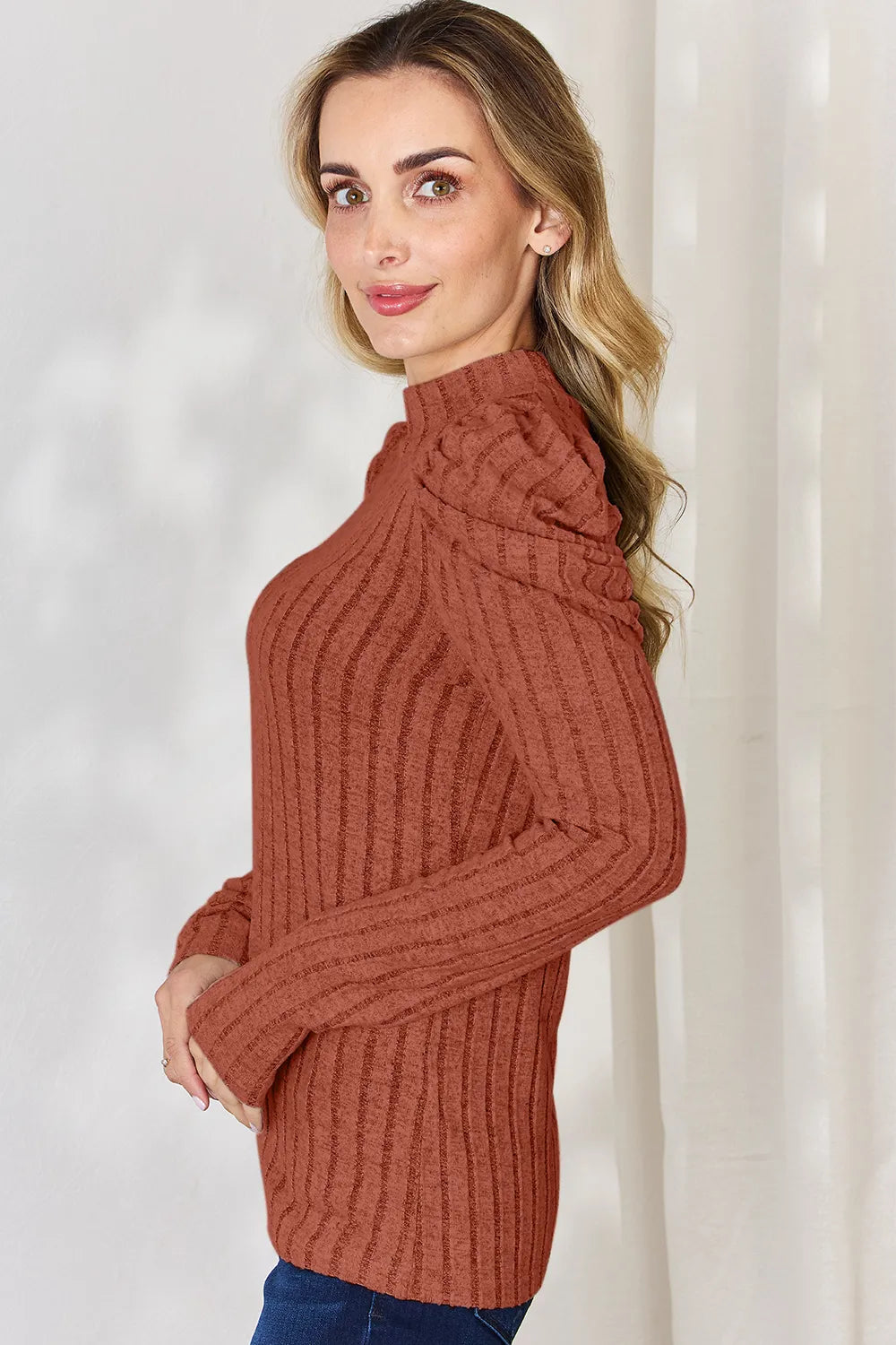 BASIC BAE RIBBED MOCK NECK PUFF SLEEVE T-SHIRT TOP