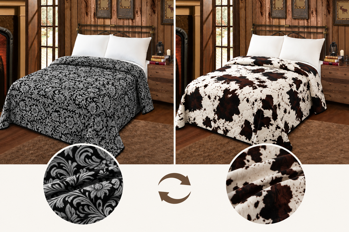 GREY FLORAL AND COWPRINT REVERSIBLE MIA BLANKET - KING SIZE Blanket