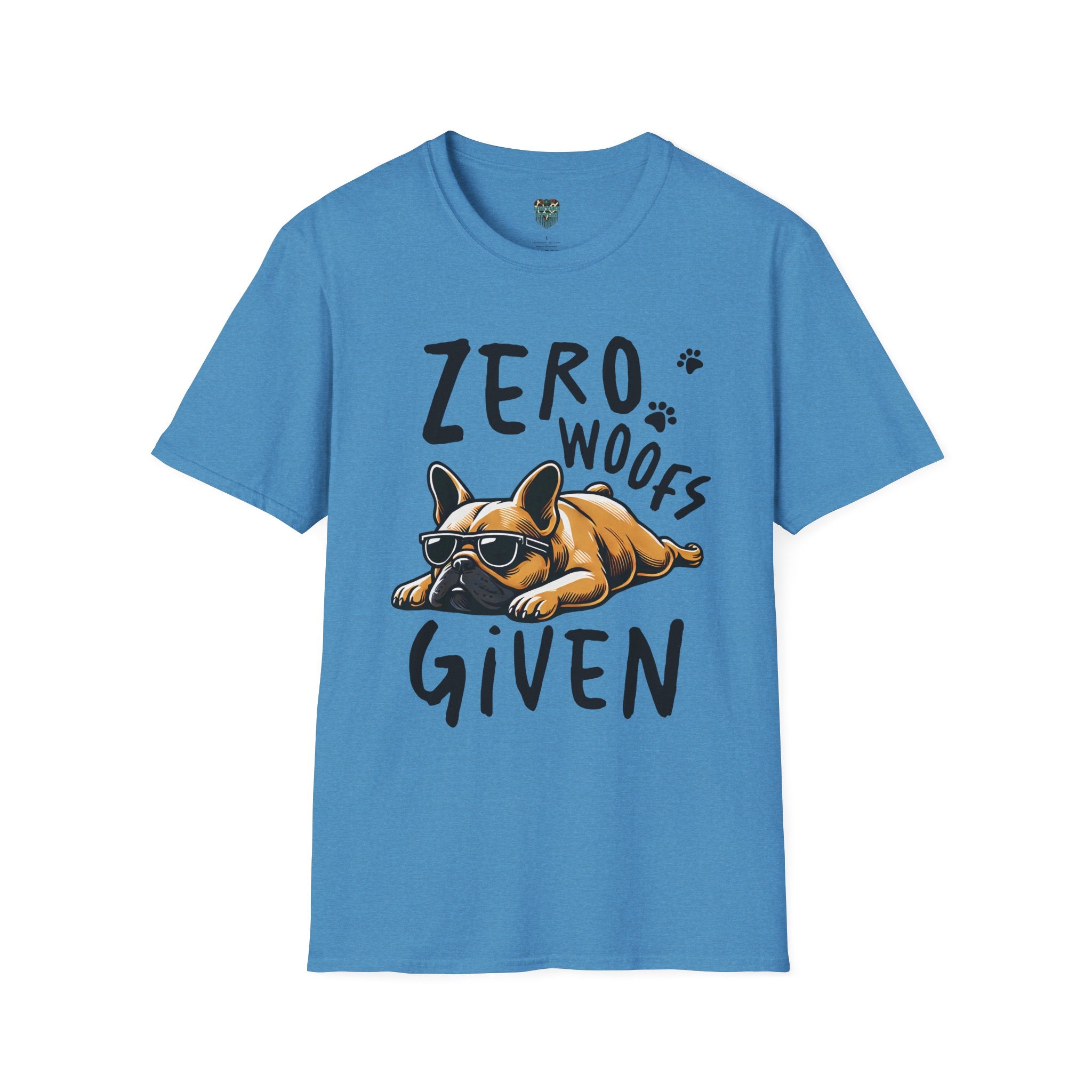 Blue t-shirt with a dog graphic and text 'Zero Woofs Given' on a white background