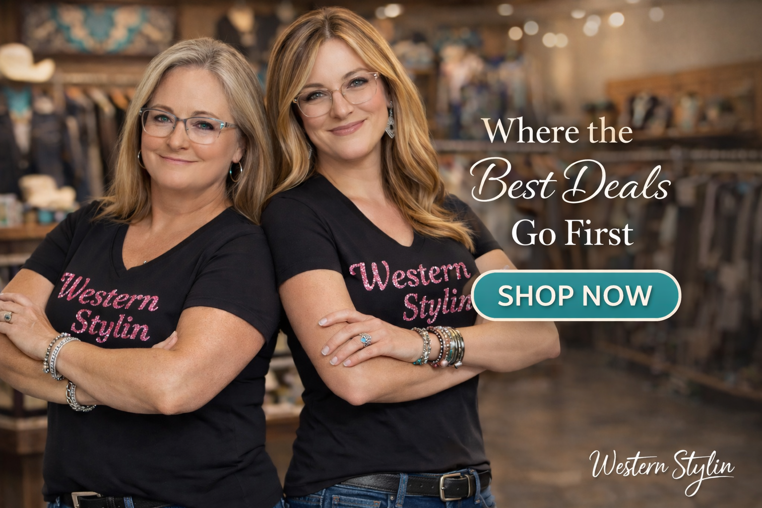 Two women wearing 'Western Stylin' shirts in a store setting with promotional text.