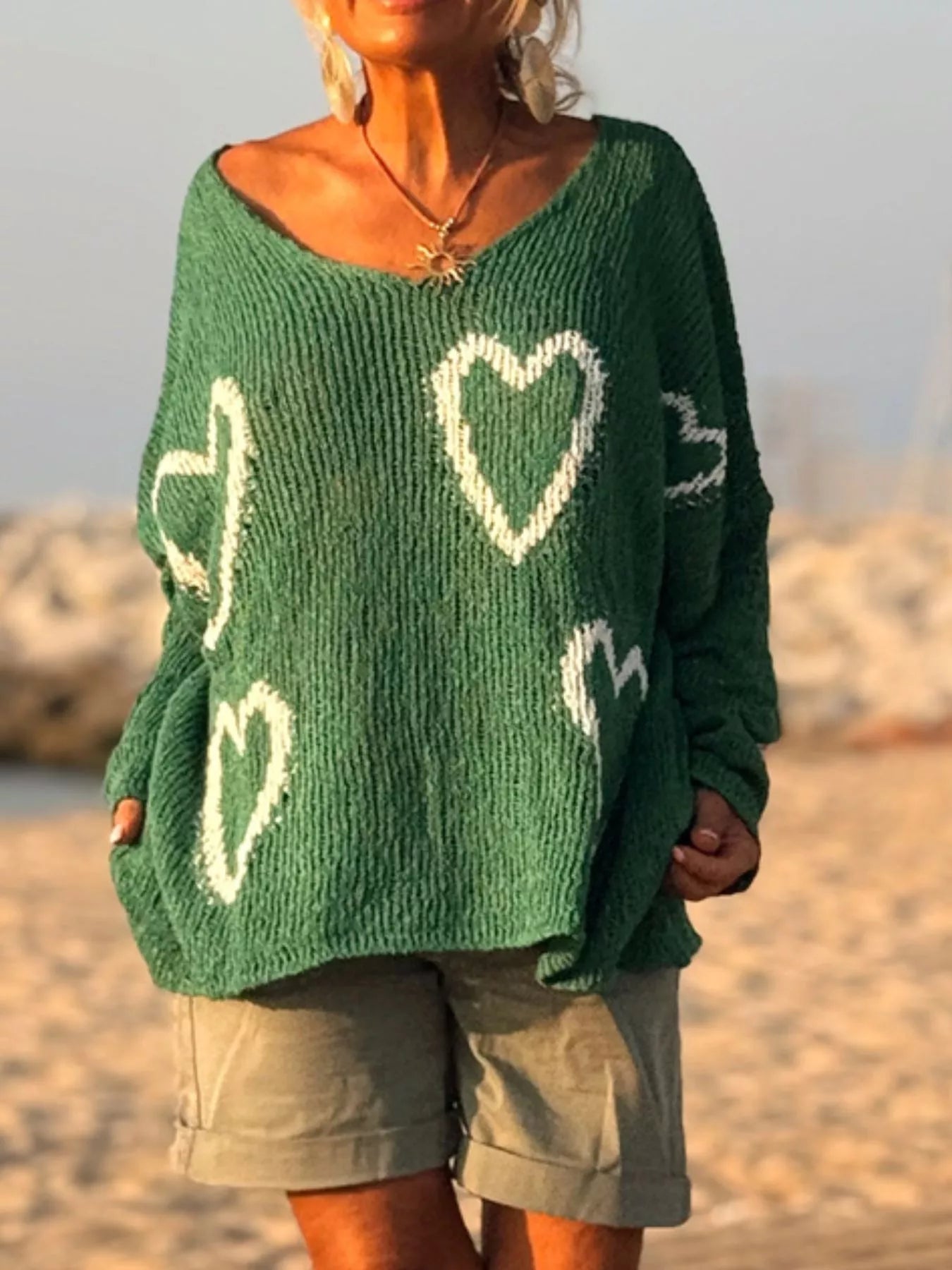 HEART V-NECK DROPPED SHOULDER SWEATER Sweaters