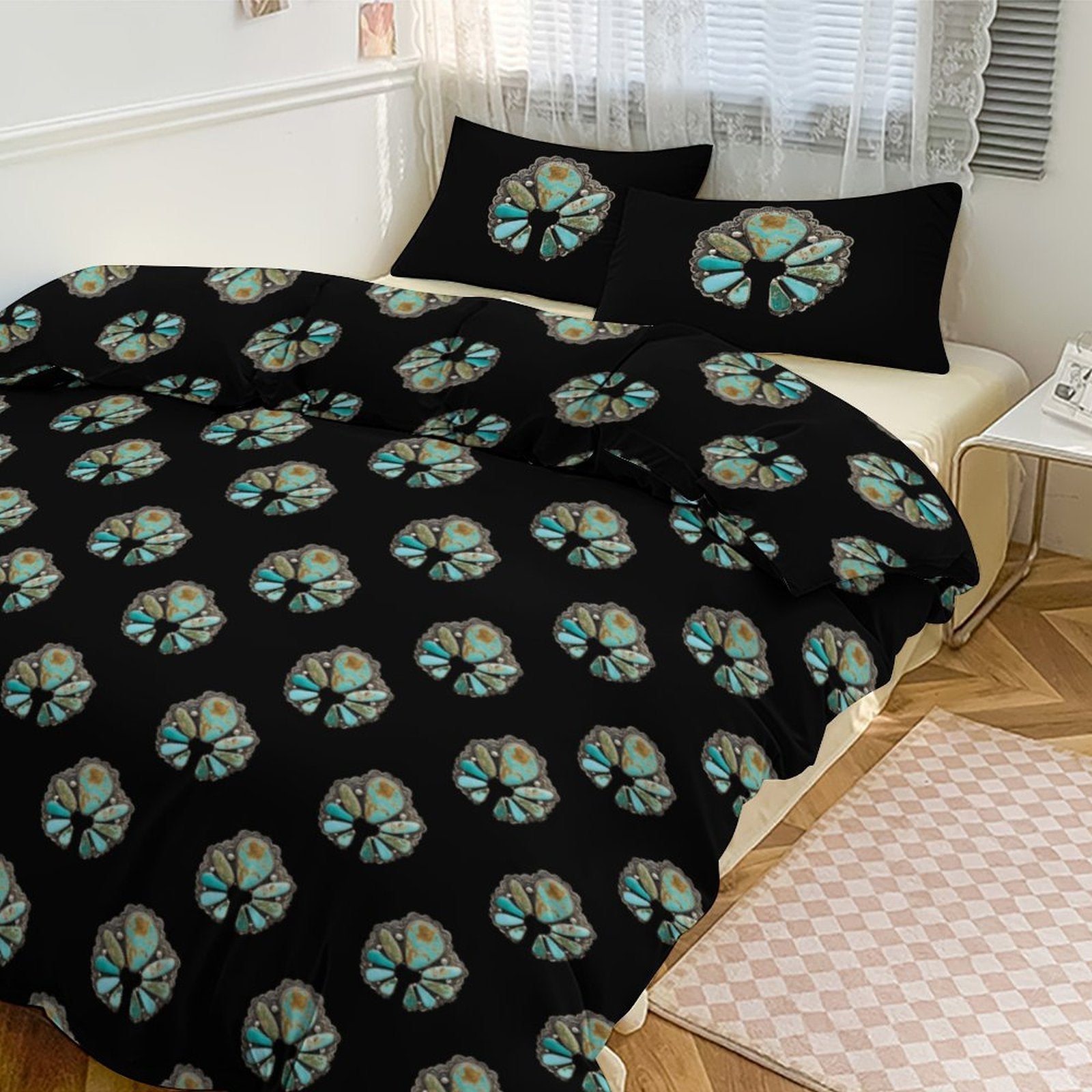 Baha Ranch Turquoise Naja Design 3-Piece Bedding Set (1 Duvet Cover + 2 Pillow Shams) – 102"×90" Bedding Sets