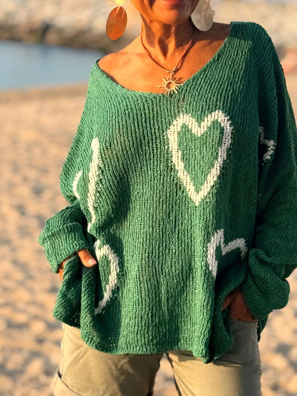 HEART V-NECK DROPPED SHOULDER SWEATER Sweaters
