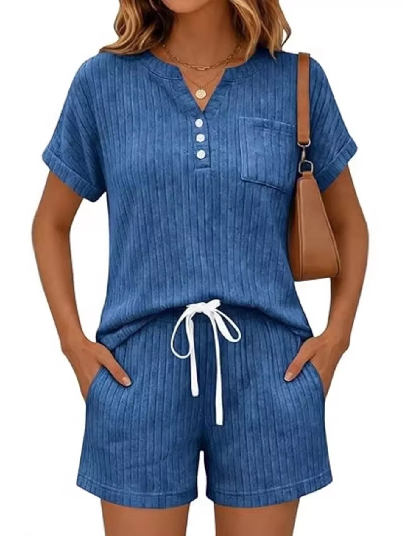 Casual Ribbed Knit Tee and Shorts Set
