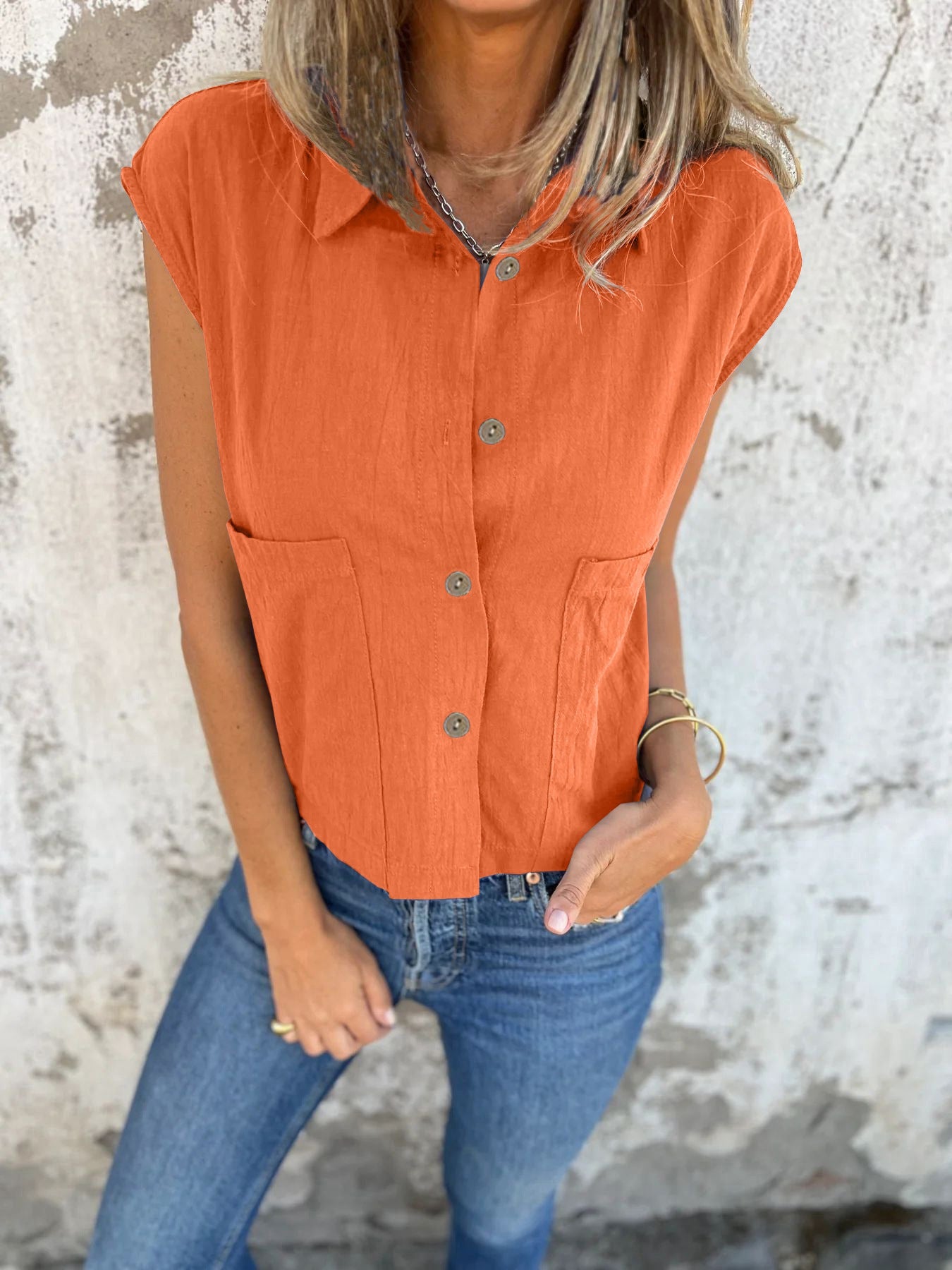 Button-Down Cap Sleeve Shirt