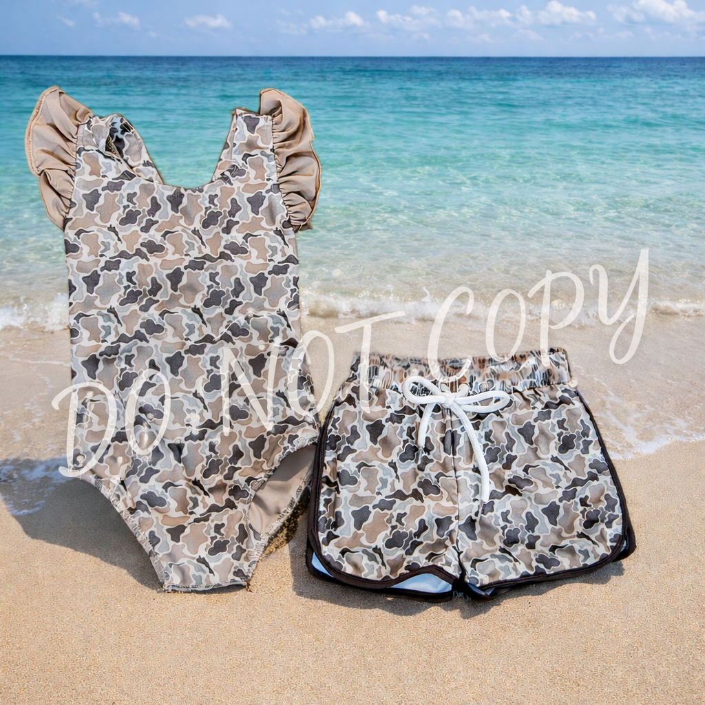 KID'S MATCHING SIBLING SWIMSUITS - NEUTRAL CAMO BOYS & GIRLS SWIMWEAR swim suit