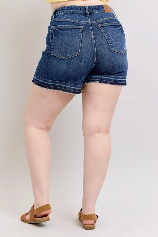Judy Blue Plus Size HW Tummy Control Destroy Release Hem Denim Shorts