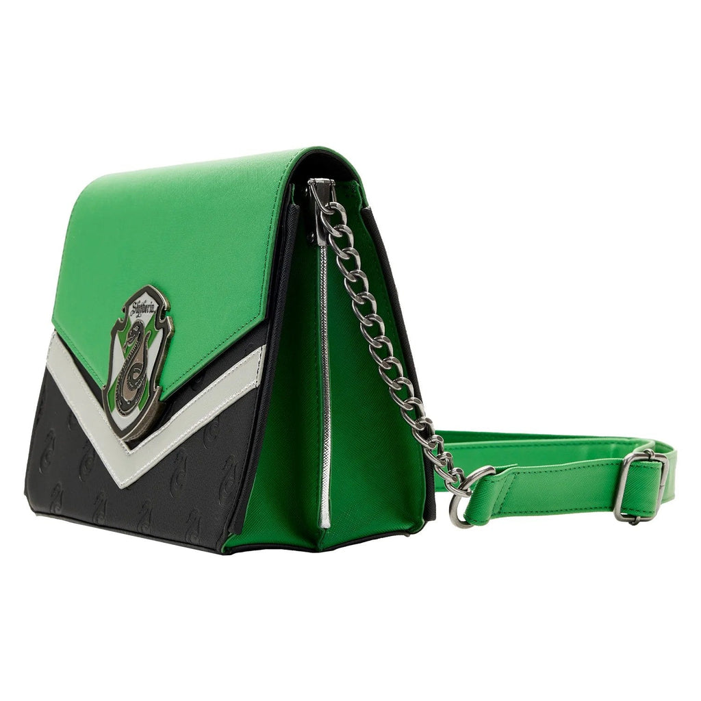 Green and black handbag with a chain strap on a white background