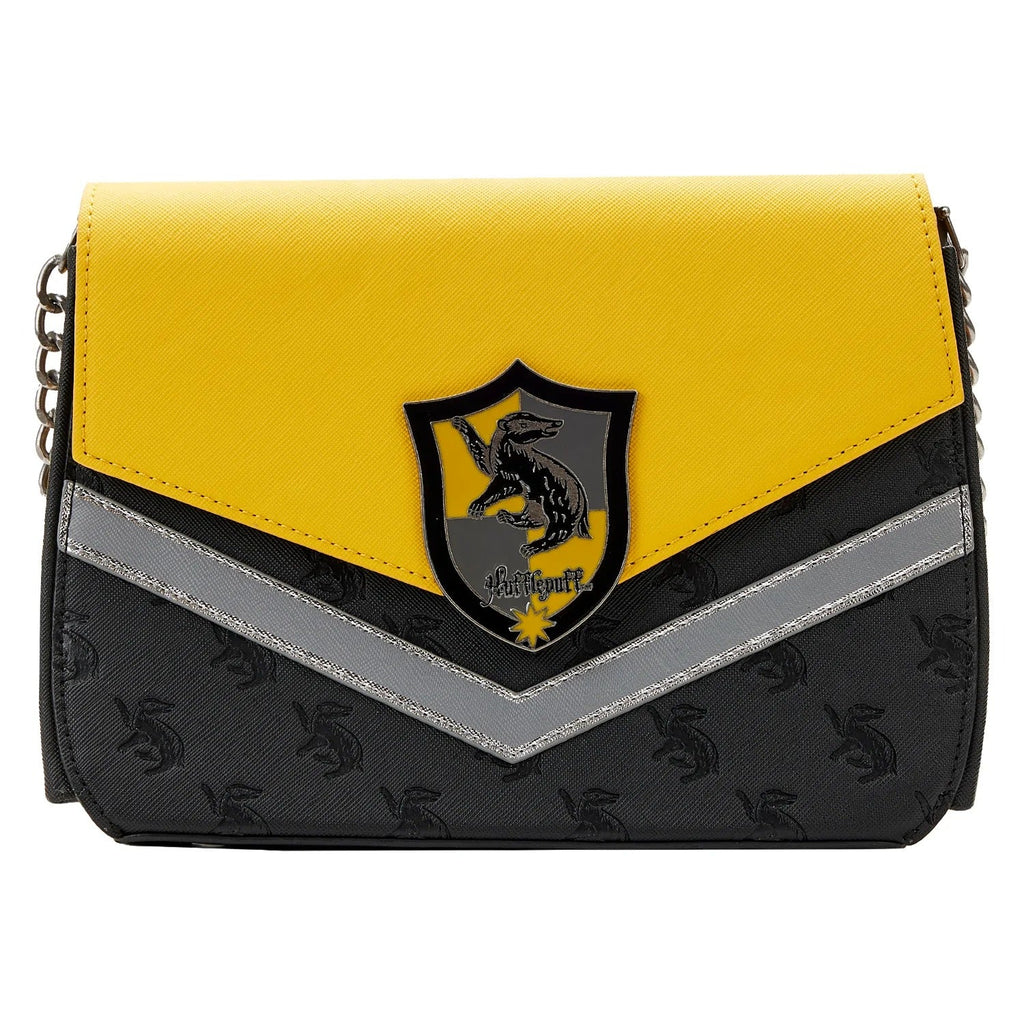 Yellow and black handbag with a crest design on a white background