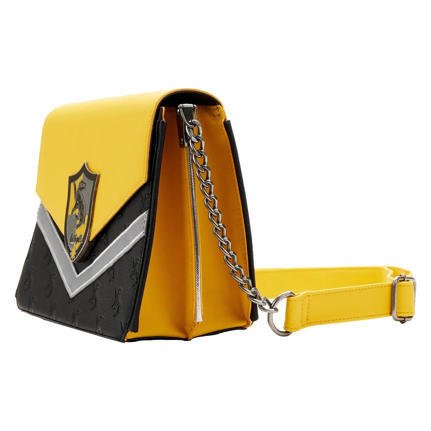 Yellow and black handbag with a chain strap on a white background