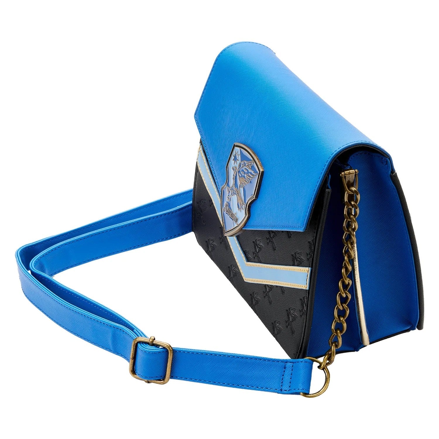 Blue handbag with a gold chain and strap on a white background