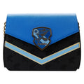Blue and black handbag with a crest design on a white background