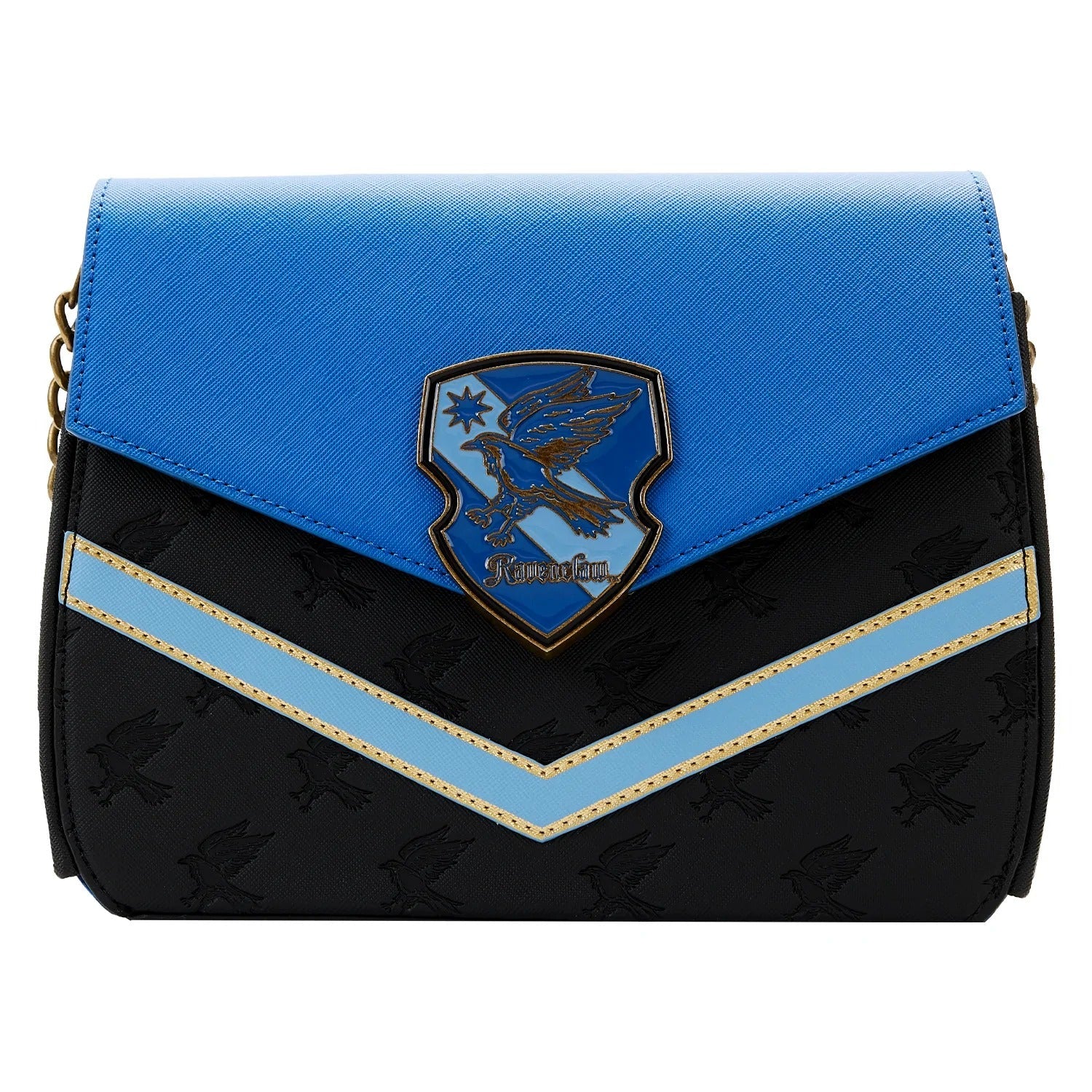 Blue and black handbag with a crest design on a white background