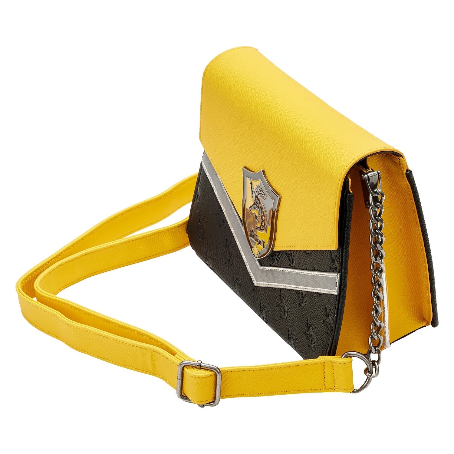 Yellow and black handbag with a chain detail on a white background