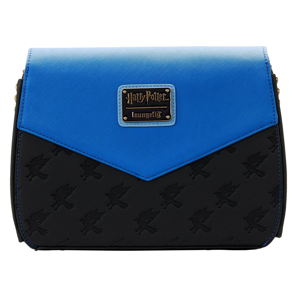Blue and black handbag with a Harry Potter logo on a white background