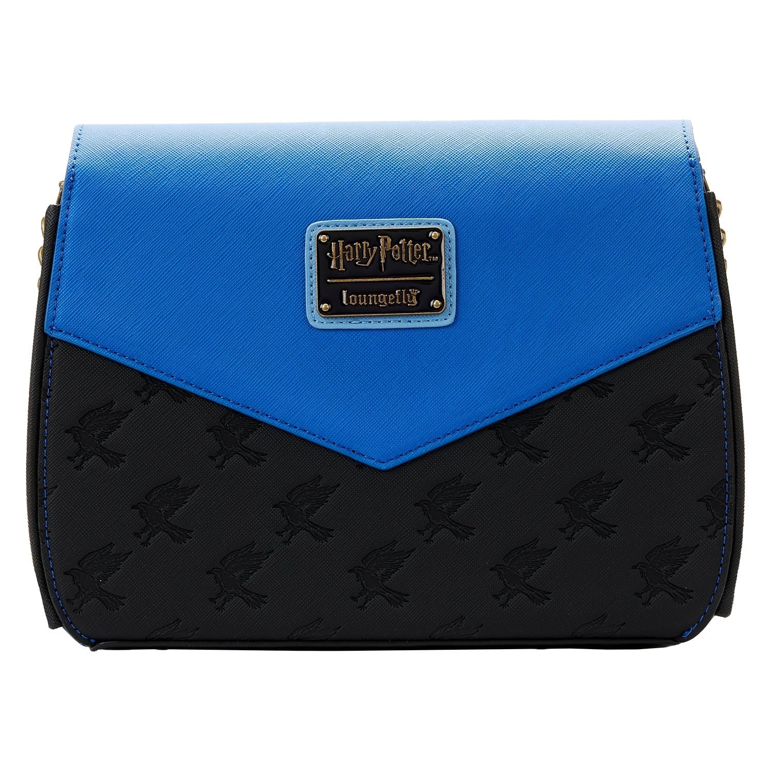 Blue and black handbag with a Harry Potter logo on a white background