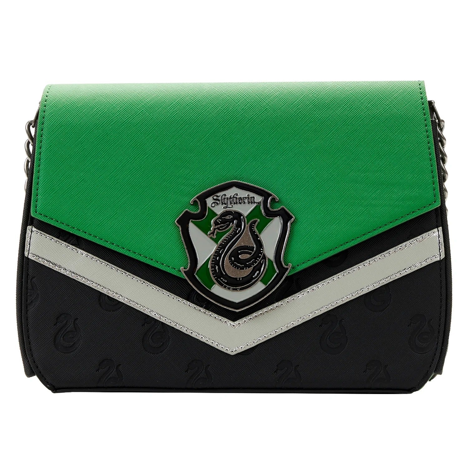 Green and black handbag with a Slytherin emblem on a white background