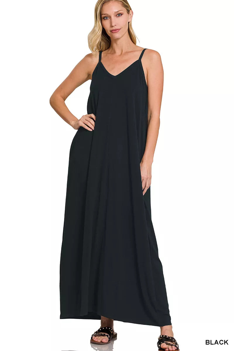 ZENANA V-NECK CAMI MAXI DRESS WITH SIDE POCKETS Dresses