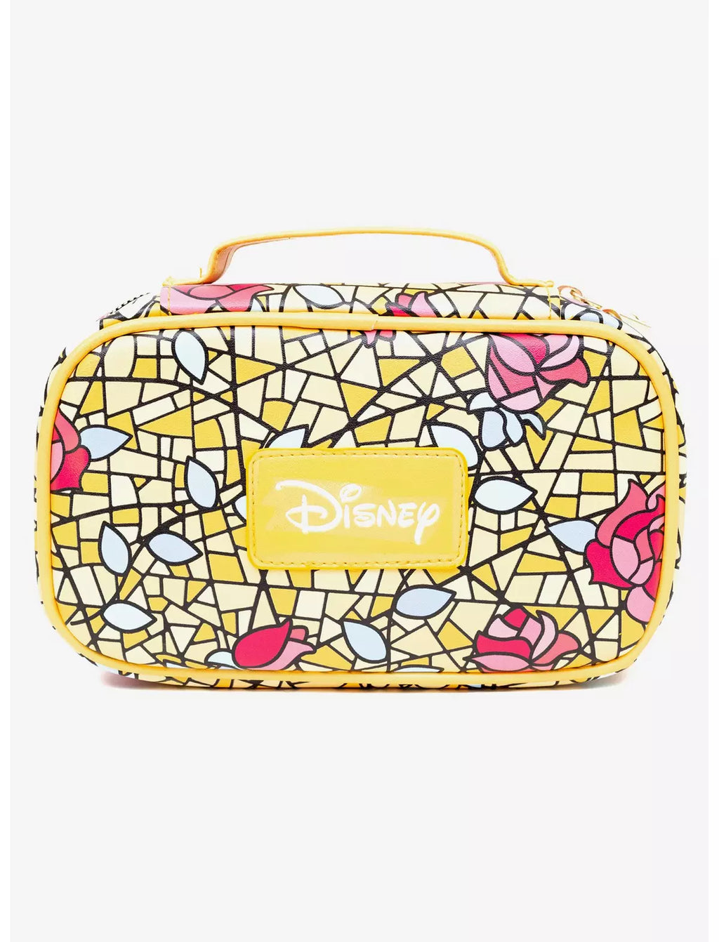Disney Vegan Leather Travel Cosmetic Bag, Make-Up Bag for Women, Beauty and the Beast Belle Rose Pose Applique Stained Glass Print, Vegan Leather